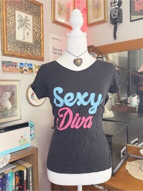 Y2K Sexy Diva Graphic V-Neck Tee - Black with Blue & Pink Script